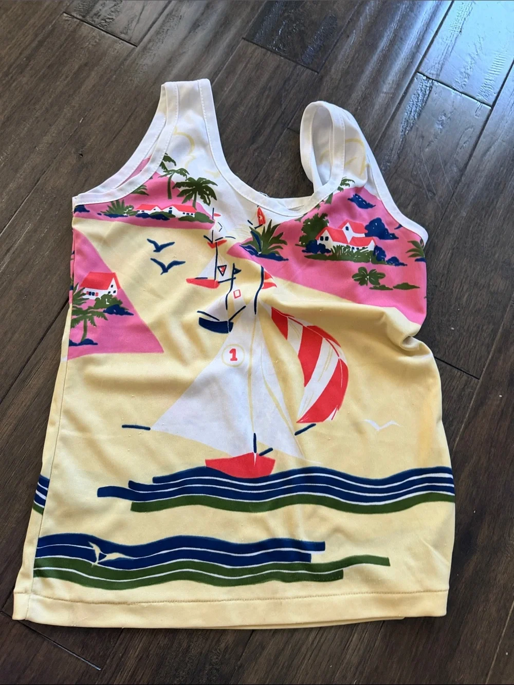 Vintage Ms K made in Singapore Yellow & Pink Sailboat Tank Top